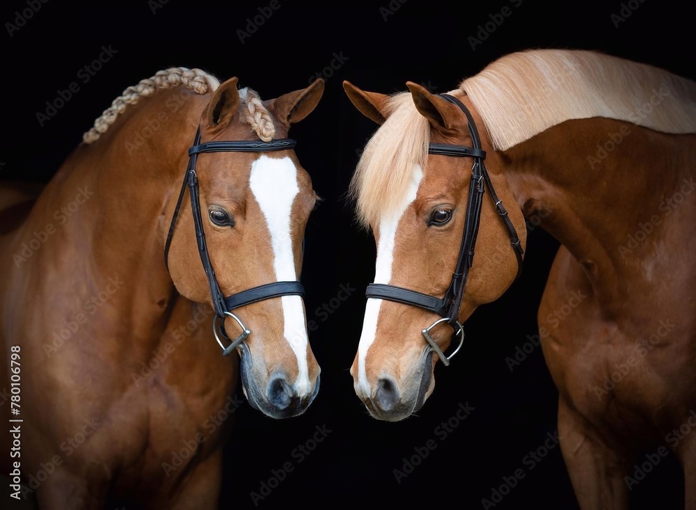 Obraz premium Elegant horse portrait on black backround. horse head isolated on black. Portrait of stunning beautiful horse isolated on dark background. horse portrait close up on black background.studio shot .