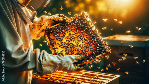  beekeeper extracts a honey-laden frame from a beehive, with bees buzzing around photo