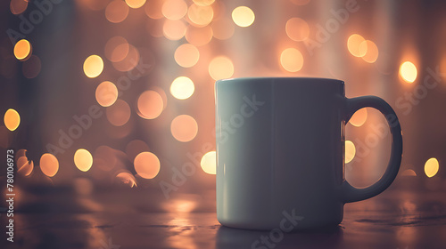 a white mug placed on a flat surface. The mug has a handle on the right side, and it stands out against a warm, bokeh light effect in the background