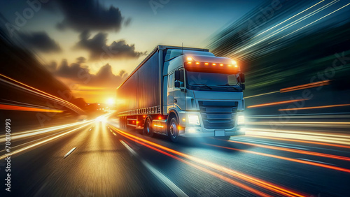 scene capturing a lorry in motion  speeding along a highway at dusk