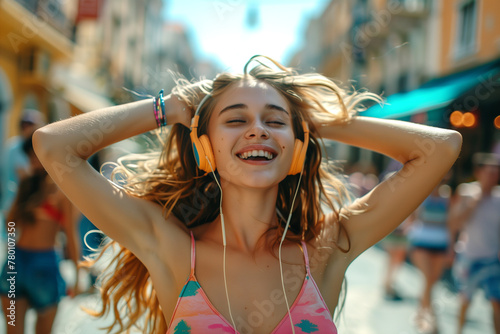 Woman in Bikini Top Listening to Music With Headphones