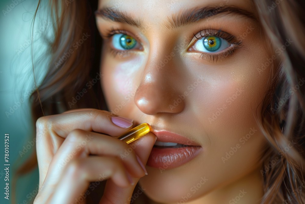 Close-up Of Beautiful Young Woman Taking Yellow Fish Oil Pill. Close-up Of Beautiful Young Woman Taking Yellow Fish Oil Pill.