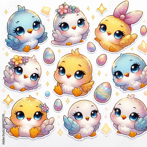 cute easter stickers with colorful birds