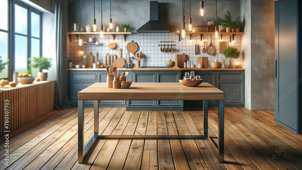  wooden table at the forefront,with a kitchen interior