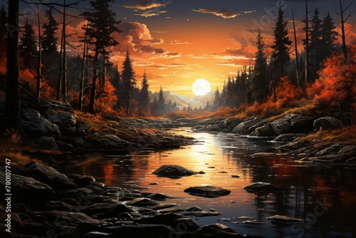 A river running through a forest during a sunset. The sky is orange and red, and the sun is setting on the horizon. The river is surrounded by rocks and trees, and there are mountains visible in the d
