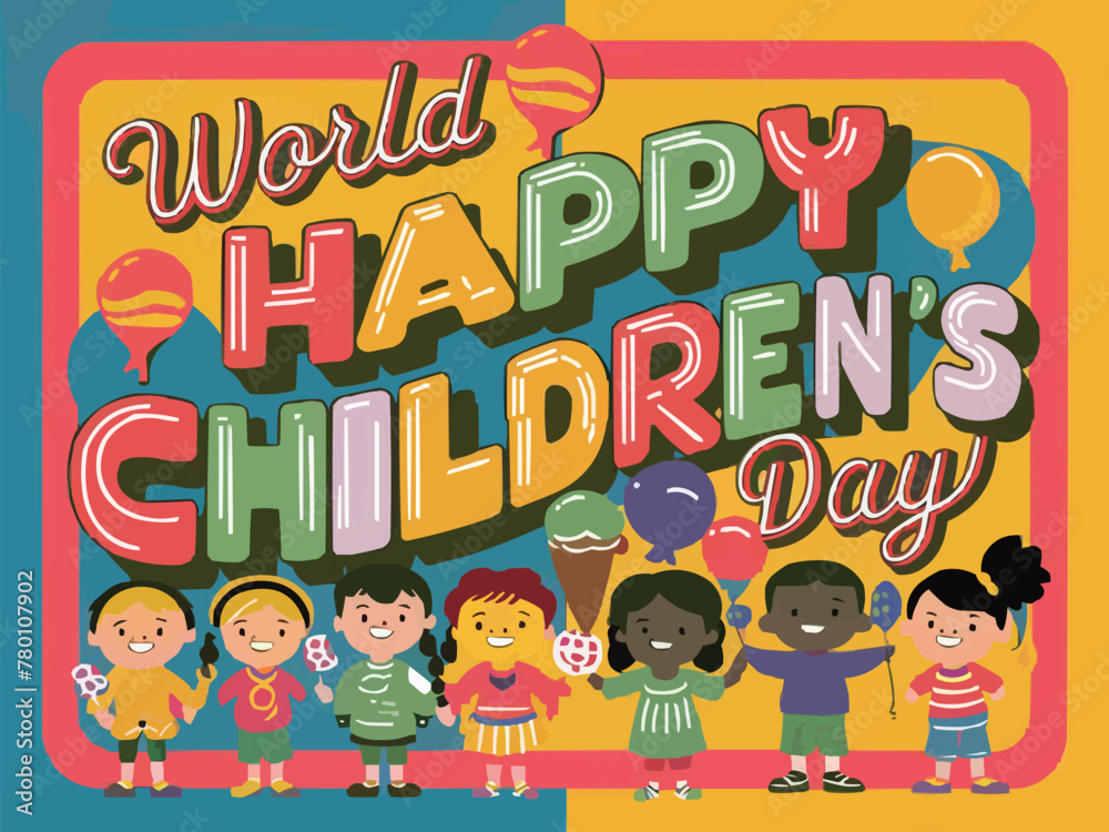 Happy children day colorful retro typography with customized vector art illustration