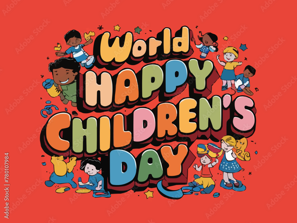 Happy children day colorful retro typography with customized vector art illustration