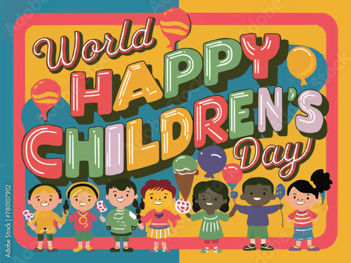 Wallpaper Mural Happy children day colorful retro typography with customized vector art illustration Torontodigital.ca