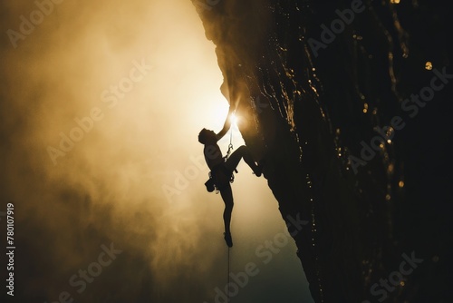 Silhouette of a rock climber at sunset. Kalymnos Island, Greece.. Beautiful simple AI generated image in 4K, unique. photo