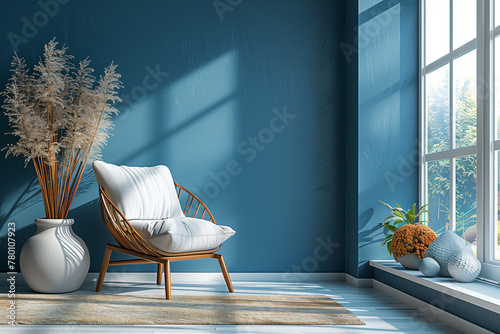 A sleek, modern wooden armchair sits gracefully in a minimalist living room, against a deep blue wall, inviting relaxation and contemplation-1