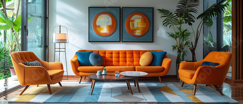 A sophisticated mid-century modern living room with iconic furniture pieces  bold geometric patterns  and retro-inspired accents for a timeless yet stylish look