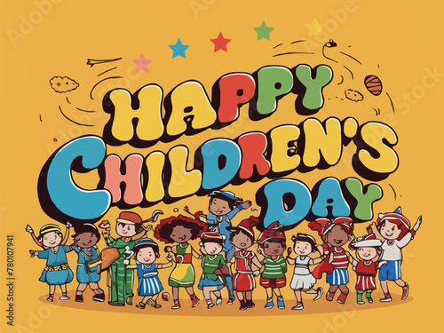 Happy children day colorful retro typography with customized vector art illustration