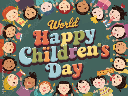 Happy children day colorful retro typography with customized vector art illustration