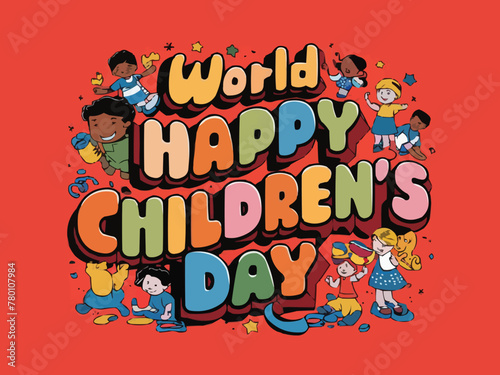 Happy children day colorful retro typography with customized vector art illustration