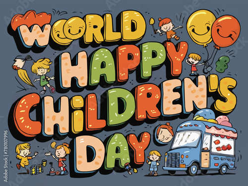 Happy children day colorful retro typography with customized vector art illustration