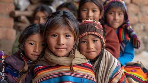 children of bolivia, Group of indigenous children in colorful traditional clothing smiling at the camera in a rural setting. 