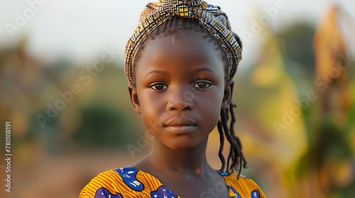 children of burkina faso, A young African girl with a colorful headwrap gazes calmly into the distance during golden hour. 