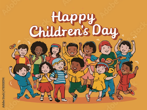 Happy children day colorful retro typography with customized vector art illustration