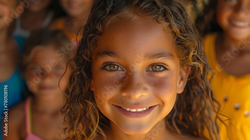 children of brazil, A close-up portrait of a smiling young girl with curly hair surrounded by other children, conveying joy and friendship. 