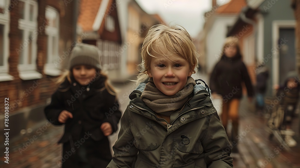 children of denmark, Two joyful children running on a cobblestone street in a quaint European town, showcasing childhood happiness and freedom. 