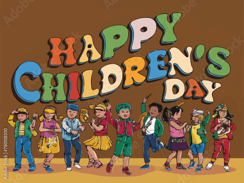 Happy children day colorful retro typography with customized vector art illustration