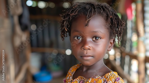 children of cte divoire, A young girl with braided hair and traditional clothing looks calmly at the camera in a rustic setting.  photo