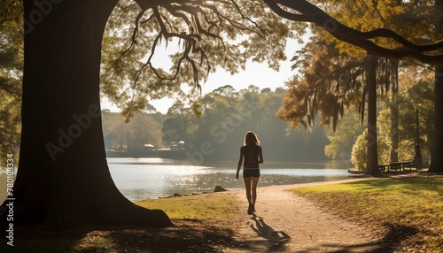 Mujer caminando en el parque con grandes árboles a la orilla del lago.