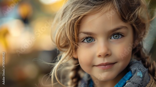 children of czech republic, Portrait of a young girl with blue eyes and curly hair smiling at the camera with a blurred background. 