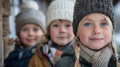 children of denmark, Three children in warm winter hats smiling outdoors. 
