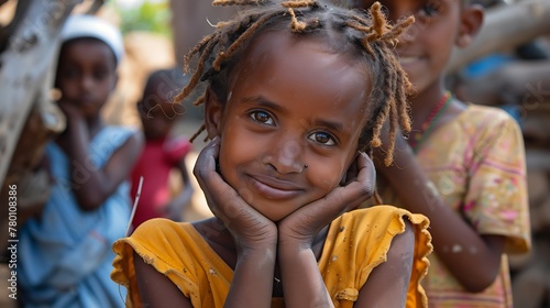 children of djibouti, Portrait of a smiling young girl with braided hair and a yellow dress posing with hands on cheeks in a rural setting.  photo