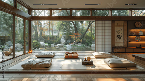 Experience the tranquility of a minimalist Japanese living room, adorned with understated elegance and a curated collection of antique artifacts, inviting relaxation-4 photo
