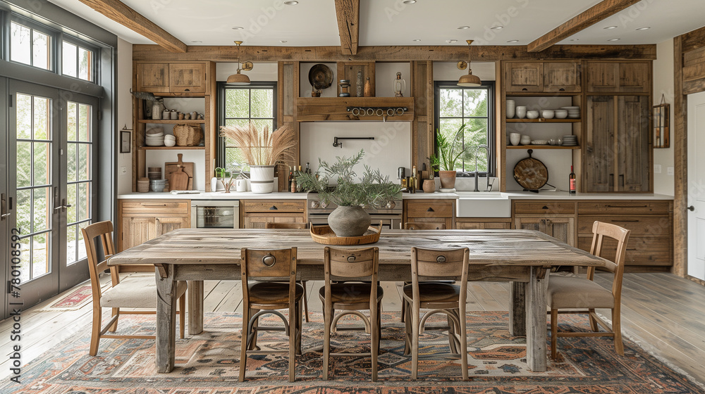 Infuse your home with rustic charm with a farmhouse-inspired dining area, featuring a weathered table, distressed chairs, and vintage decor accents for a cozy ambiance-1