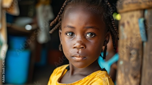 children of guinea, A young child with braided hair looks into the camera with captivating eyes against a vibrant background of daily life. 