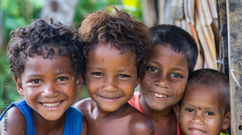 children of guyana, Four joyful children smiling at the camera with a tropical backdrop  photo