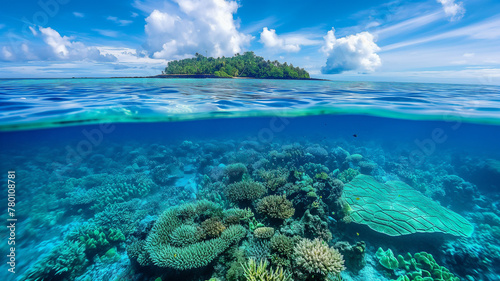 Summer concept. Tropical island and blue ocean with coral reef.