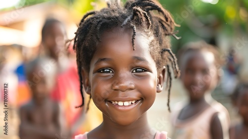 children of haiti, A smiling young girl with braided hair, with other children blurred in the background, exemplifies joy and innocence in a vibrant outdoor setting.  photo