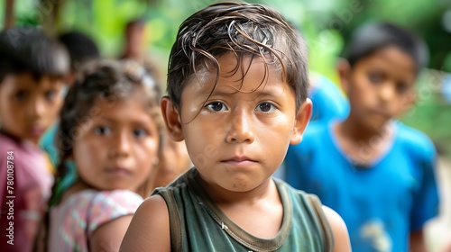 children of honduras, A young child stands in sharp focus against a blurry background of other children gazing into the camera with a thoughtful expression. 