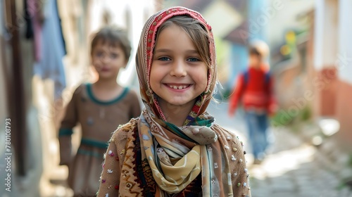children of hungary, A smiling young girl in traditional attire standing on a cobblestone street with two other children in the background.  photo