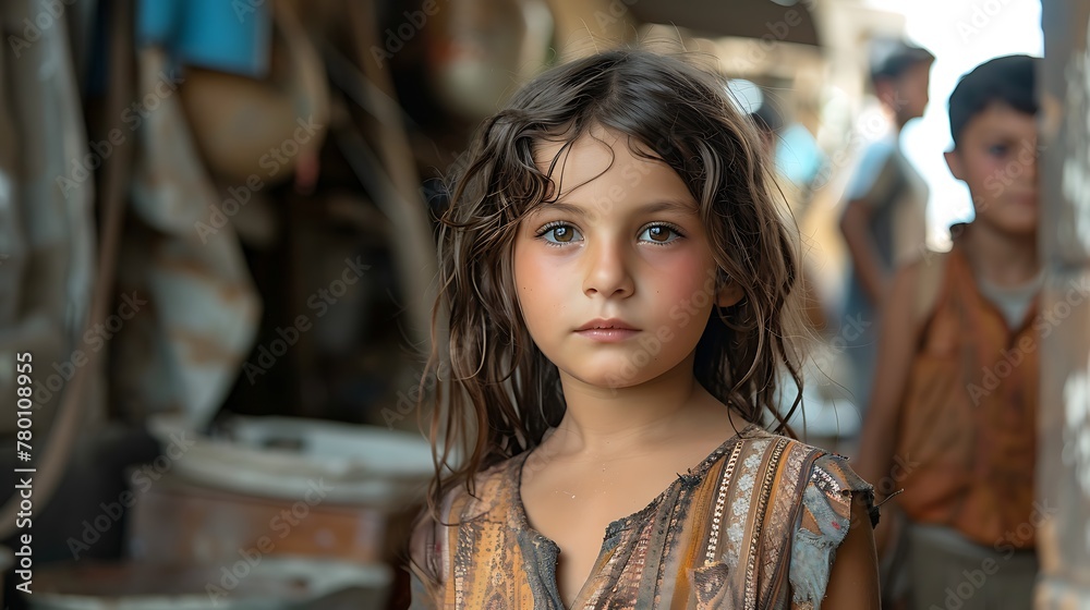 children of lebanon, Portrait of a young girl with wavy hair and a thoughtful expression on her face, standing in an outdoor setting with bokeh effect in the background 