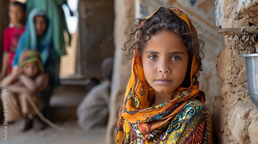 children of libya, A young girl with a colorful headscarf looks at the camera with a thoughtful expression, in a rustic outdoor setting. 