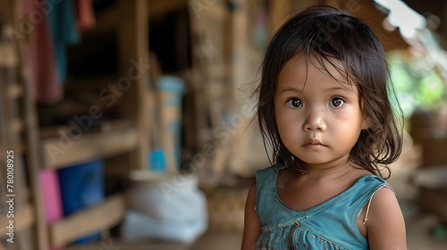 children of laos, A young child with expressive eyes gazes at the camera in a rustic setting. photo