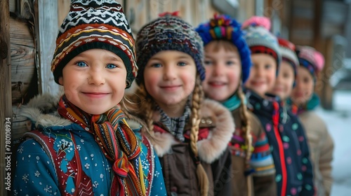 children of latvia, A group of cheerful children in colorful winter clothing smiling outdoors in a snowy setting. 