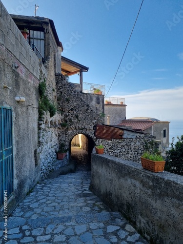 A characteristic narrow street in the villages of the Amalfi coast in Italy.

