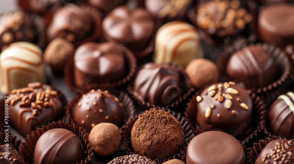 Assorted chocolate candies with various fillings. Sweet background. Variety of treats pralines and truffles. Assorted chocolate candies with various fillings. Sweet background. Variety of treats pralines and truffles.
