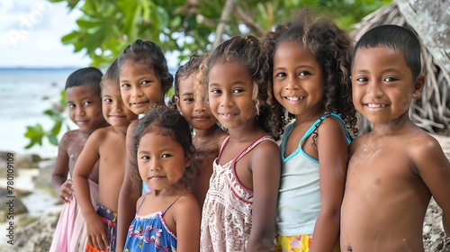 children of marshall islands, A group of happy children with diverse expressions standing in a row by the beachside under green foliage with a clear sky in the background.  © Vivid Canvas