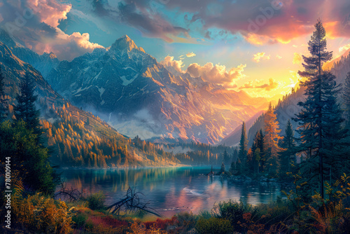 A landscape with a mountain lake or forests, showcasing breathtaking nature that inspires adventure. The landscape is bright and picturesque, with deep tones and dynamic skies