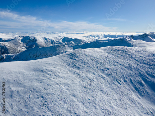 Aerial Winter view of Rila mountain near Musala peak, Bulgaria