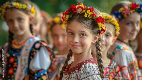 children of moldova, A young girl in traditional folk costume smiles with a floral wreath on her head, surrounded by other similarly dressed children in the background.