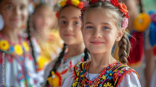 children of moldova, A young girl in traditional embroidered clothing smiling with other children in the background, evoking a sense of cultural celebration. 