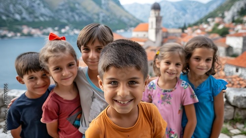 children of montenegro, Group of happy children smiling in an old European town setting with scenic mountain background. 